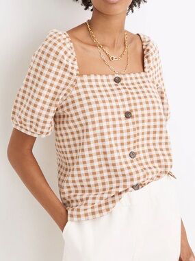 Madewell Gingham Jacquard Square-Neck Puff-Sleeve Top in Saddle Brown Size XXL